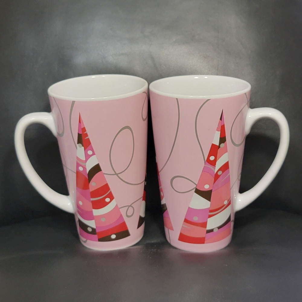 Set of 2 Starbucks 2004 Coffee Mug Pink Red Silver Christmas Tree Abstract Gnome